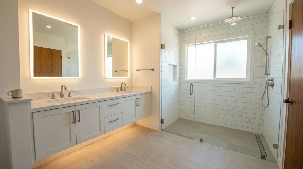 Completed Sunnyvale bathroom remodel after photo showing curbless shower, floating double vanity, LED mirrors, and greige porcelain tile throughout