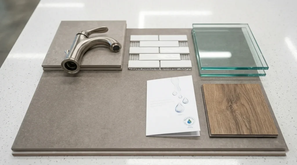 Bathroom finish samples including tile, faucet, and glass panel for Sunnyvale home addition project