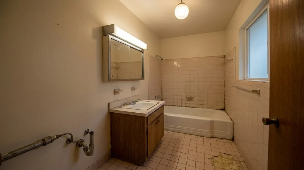Outdated 1960s Sunnyvale bathroom before remodel with cracked ceramic tile, narrow laminate vanity, and alcove bathtub