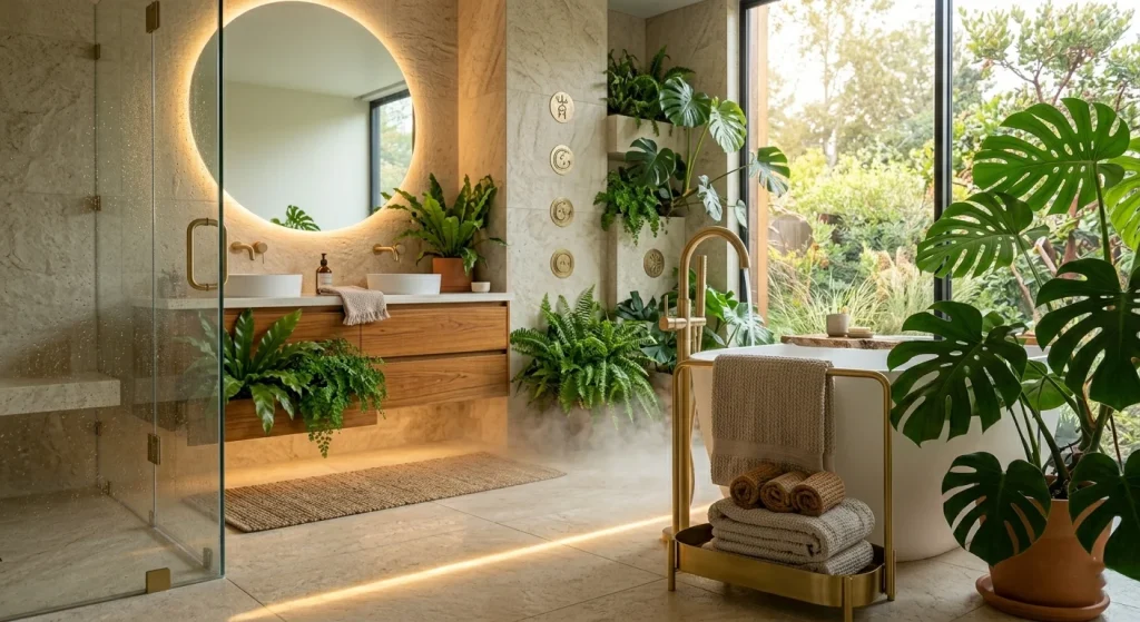 Biophilic spa bathroom design with natural stone, wood finishes, and indoor plants in a Sunnyvale home.