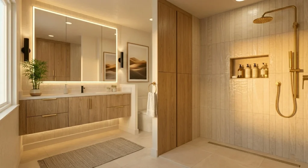 California-modern color palette with brushed gold fixtures in a Sunnyvale bathroom renovation