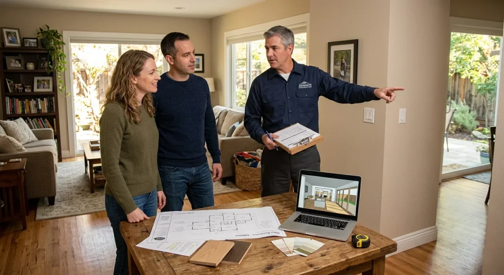 Sunnyvale homeowners consulting a CSLB-licensed contractor for a room addition
