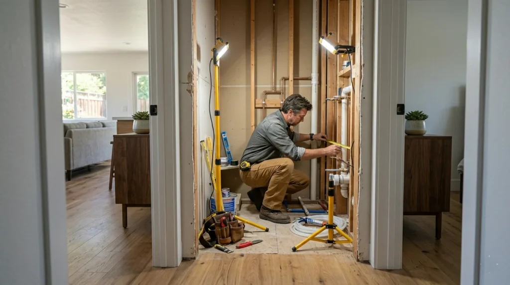 Hallway closet being converted into second bathroom with rough plumbing in Sunnyvale home