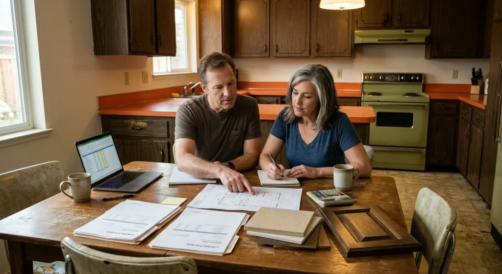 Sunnyvale homeowners comparing kitchen remodeling contractor bids and material samples