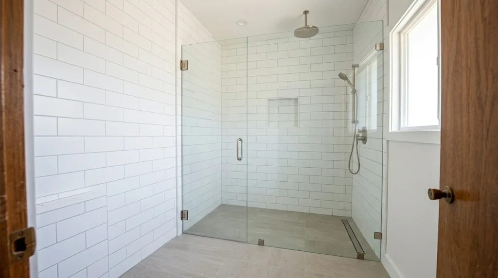 New curbless walk-in shower in a Sunnyvale bathroom remodel with matte white subway tile, linear drain, and frameless glass enclosure