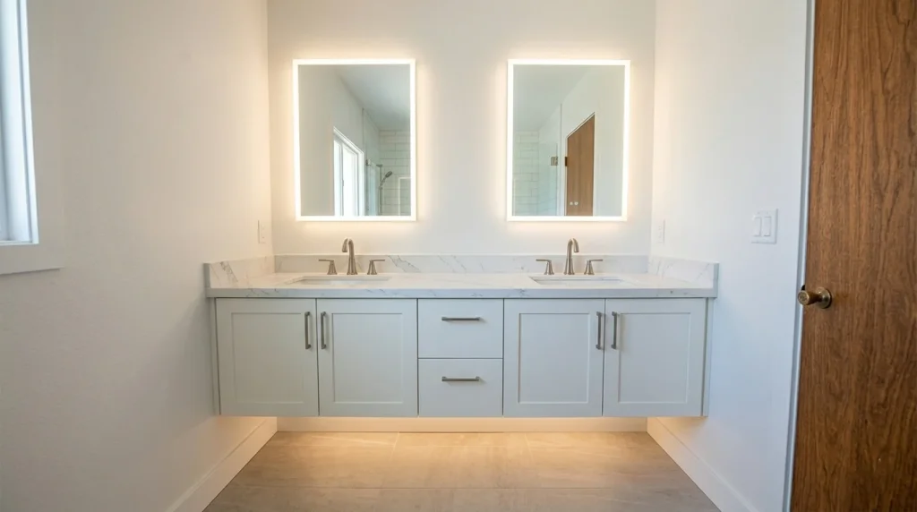 New 60-inch floating double-sink vanity with quartz countertop and LED mirror panels installed in a Sunnyvale bathroom remodel