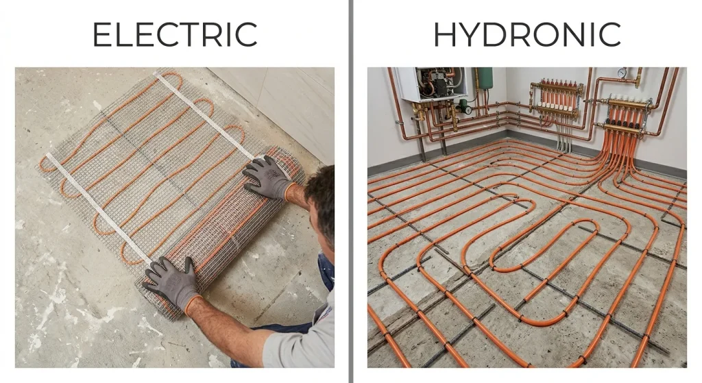 Electric radiant heating mat versus hydronic PEX tubing comparison for Sunnyvale bathroom floors