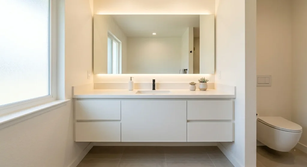 Floating vanity and wall-mounted toilet in a small Sunnyvale bathroom remodel