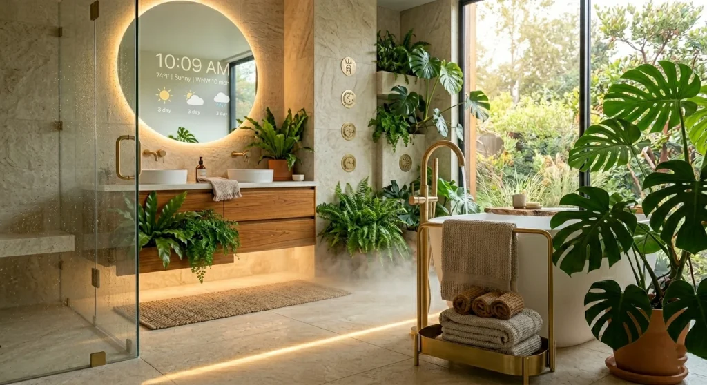 Floating vanity with smart mirror and LED lighting in a contemporary Sunnyvale spa bathroom.