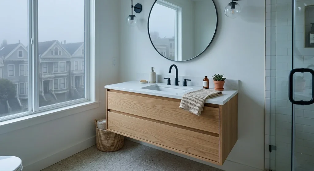 Matte white floating vanity with matte black fixtures in a fog-belt San Francisco bathroom