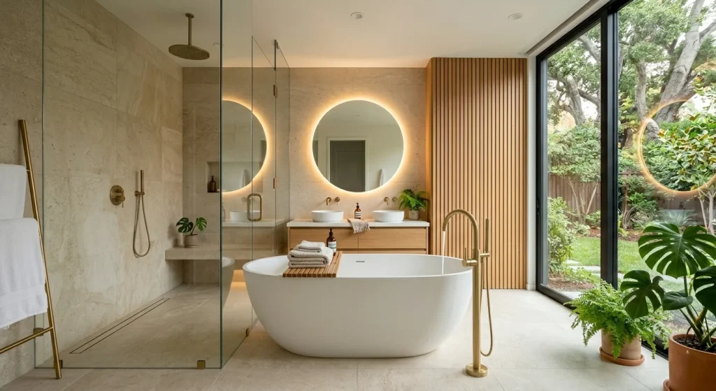 Freestanding soaking tub in a spa-inspired Sunnyvale bathroom remodel with natural stone accents and luxury finishes.