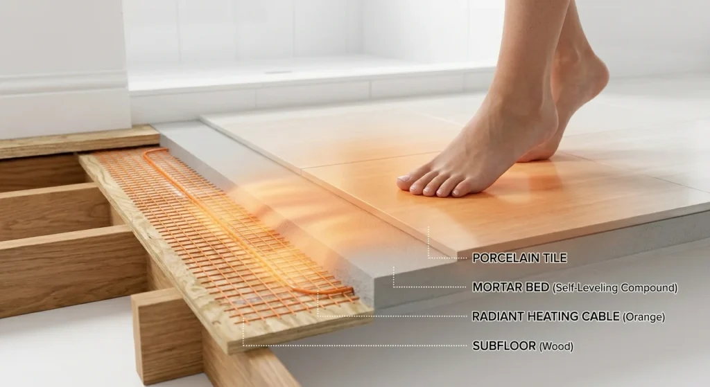 Cross-section of radiant floor heating cable glowing beneath bathroom porcelain tile