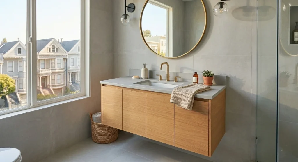 Japandi floating bathroom vanity in light ash wood with integrated sink in a Palo Alto home