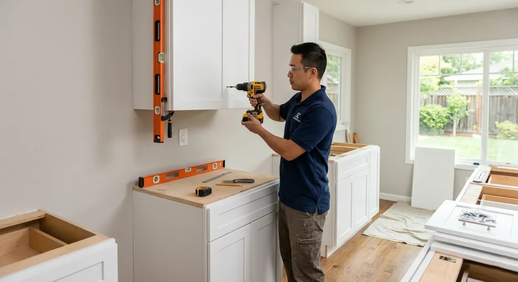 Contractor installing semi-custom cabinets during a kitchen remodel in Sunnyvale CA