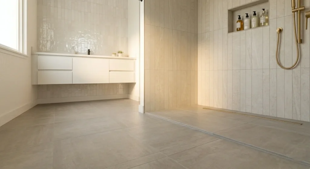 Large-format porcelain tile and vertical shower tile in a small Sunnyvale bathroom