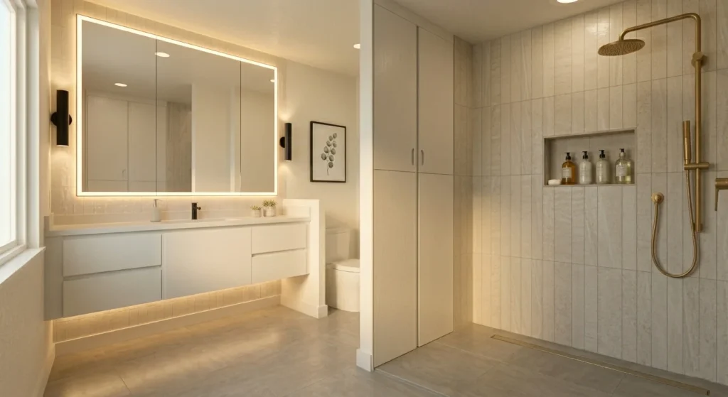 Layered lighting with backlit mirror and LED sconces in a Sunnyvale small bathroom remodel