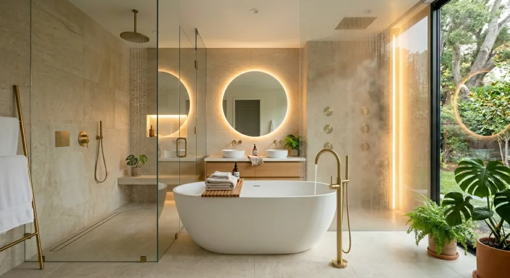 Walk-in steam shower with rainfall showerhead in a modern Sunnyvale spa bathroom remodel.