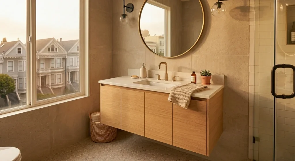 Rift-cut white oak organic modern vanity with quartz countertop in a Bay Area contemporary bathroom