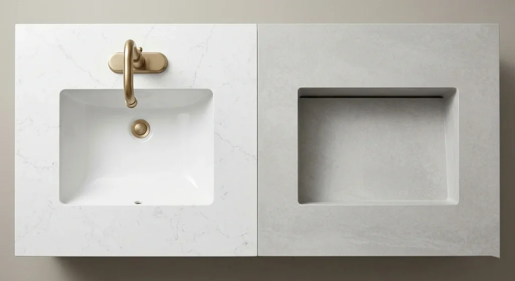 Side-by-side comparison of quartz and porcelain slab bathroom countertops for Bay Area vanities