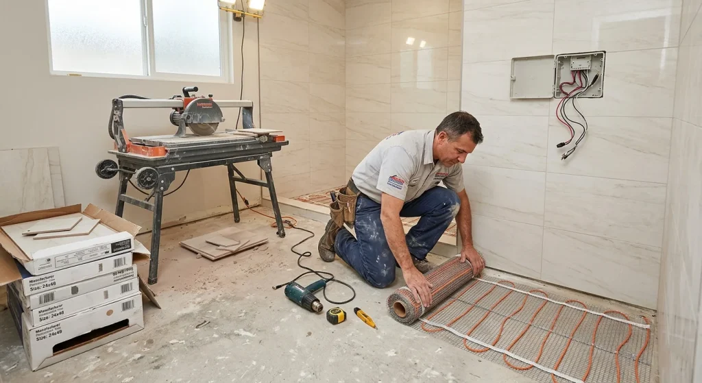 Electrician installing electric radiant heating mat in a Sunnyvale bathroom remodel