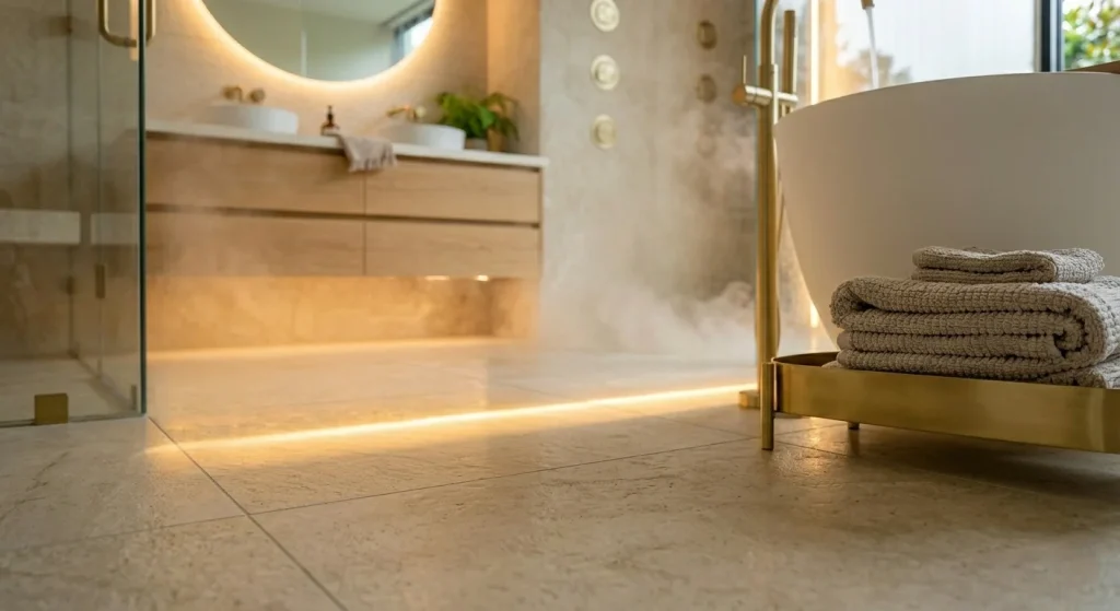 Radiant heated bathroom flooring installed in a luxury Sunnyvale spa bathroom renovation.
