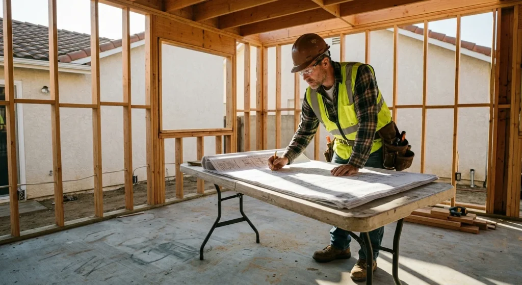 Contractor reviewing blueprints at a Sunnyvale room addition job site