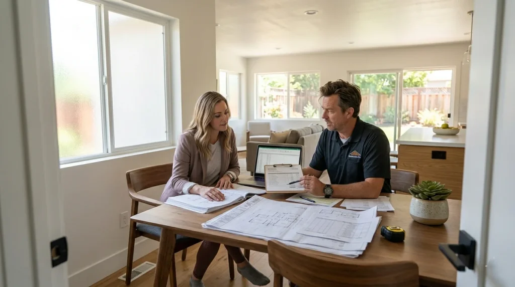 Contractor and homeowner reviewing bathroom addition cost estimate in Sunnyvale California