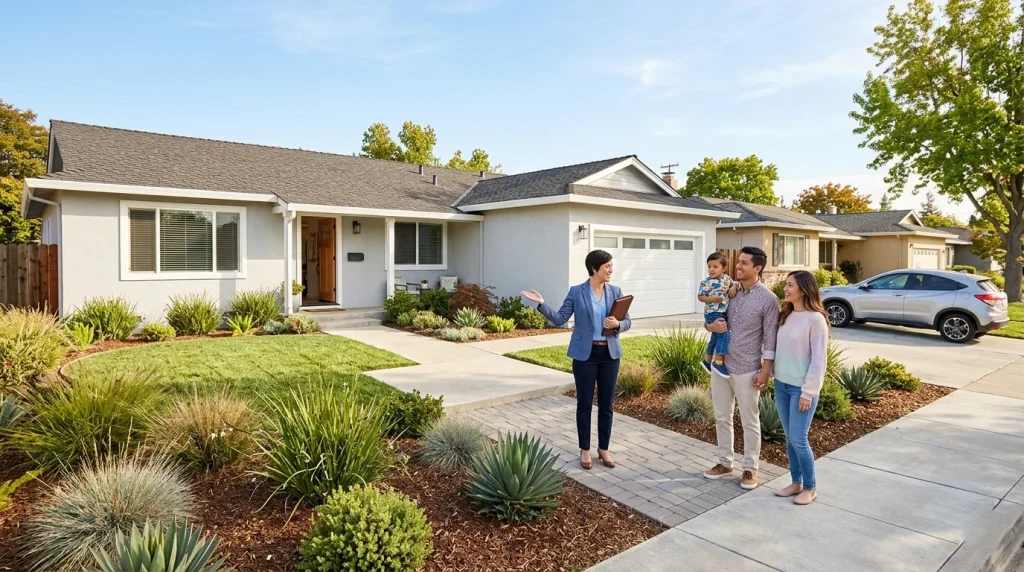 Real estate agent showing two-bathroom Sunnyvale home to buyers increasing property resale value