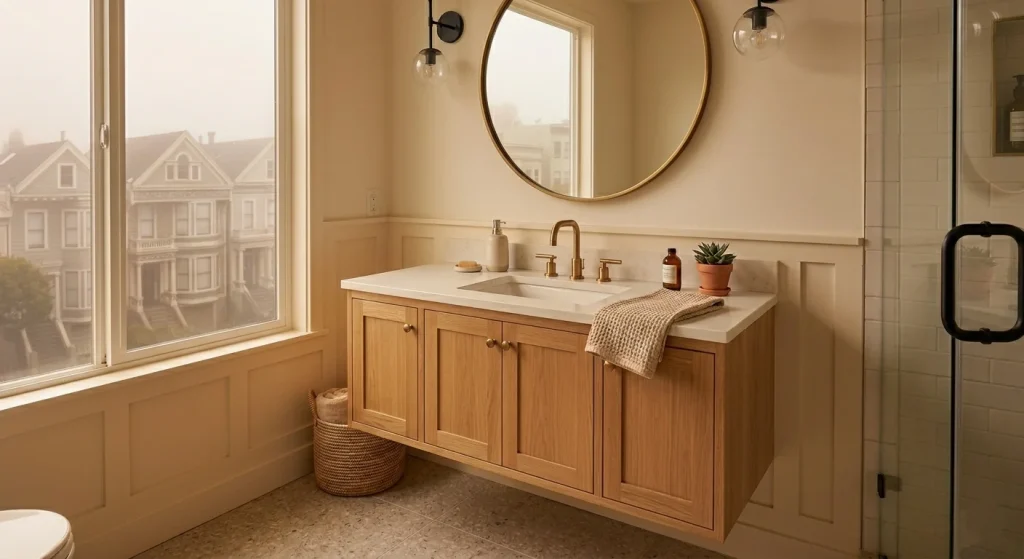 White oak Shaker bathroom vanity with brushed brass hardware in an Oakland Craftsman home
