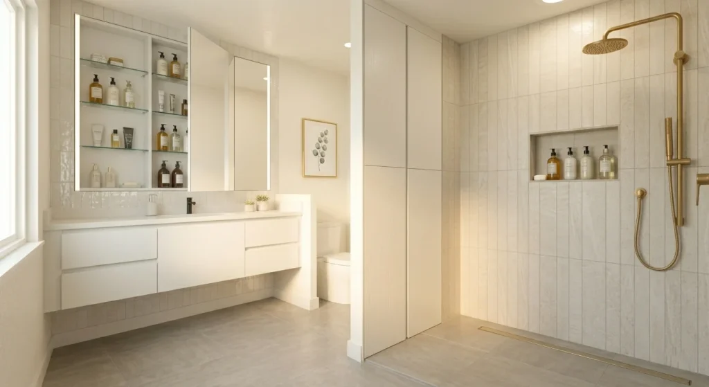 Recessed medicine cabinet and shower niche storage in a small Sunnyvale bathroom