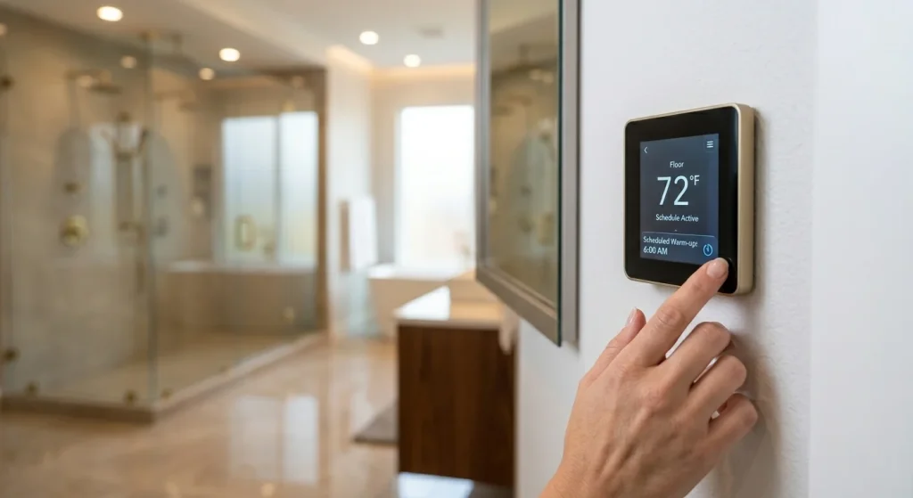 Smart thermostat for radiant floor heating in a Sunnyvale bathroom set to warm at 6AM
