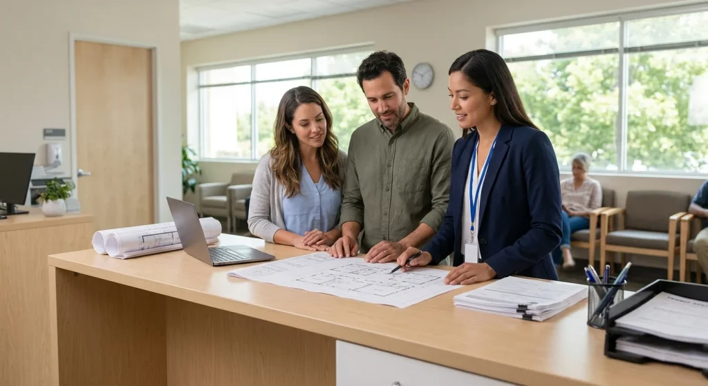 Homeowners submitting ADU permit application blueprints at Sunnyvale planning department