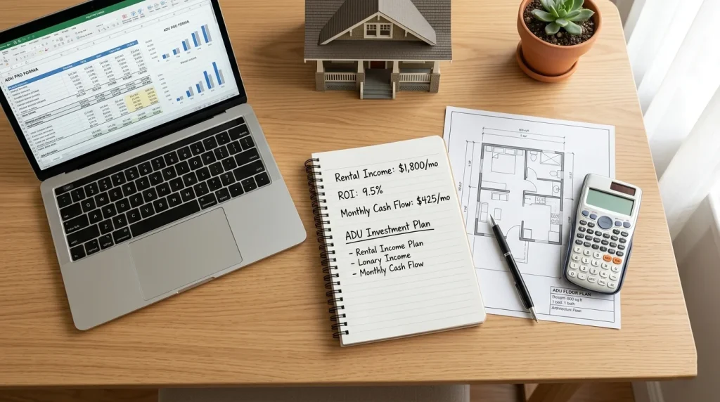 Homeowner calculating Sunnyvale ADU rental income and ROI with floor plan and notes on desk