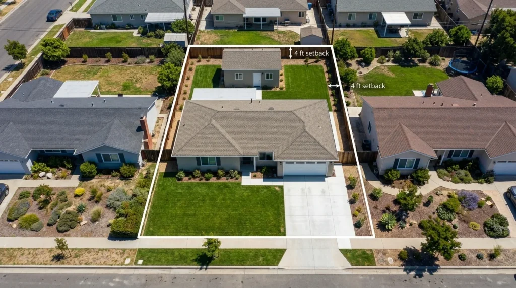 Aerial view of Sunnyvale lot showing 4-foot ADU setback from rear and side property lines