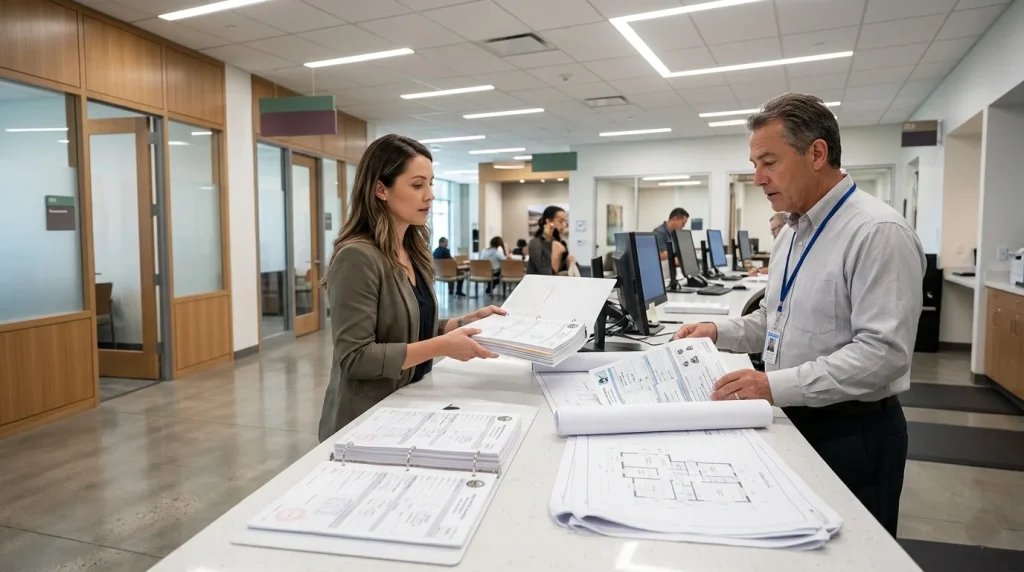 Homeowner submitting bathroom addition building permit at Sunnyvale City Hall Building Division