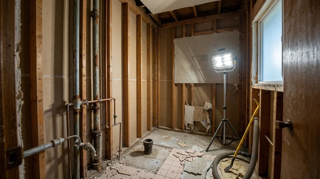 Sunnyvale bathroom demolition showing exposed wall studs, corroded galvanized pipes, and moisture-damaged drywall removed during remodel