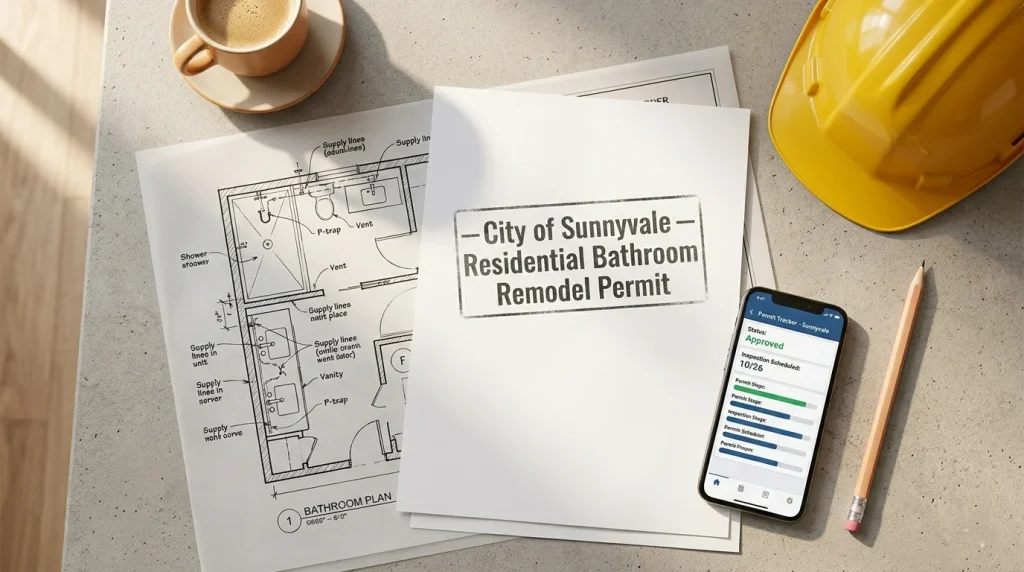 City of Sunnyvale bathroom remodel building permit documents and architectural floor plan drawings on a desk