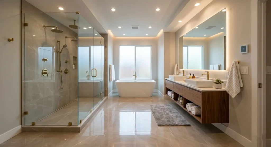 Luxury Sunnyvale bathroom with heated tile floors freestanding tub and frameless glass shower