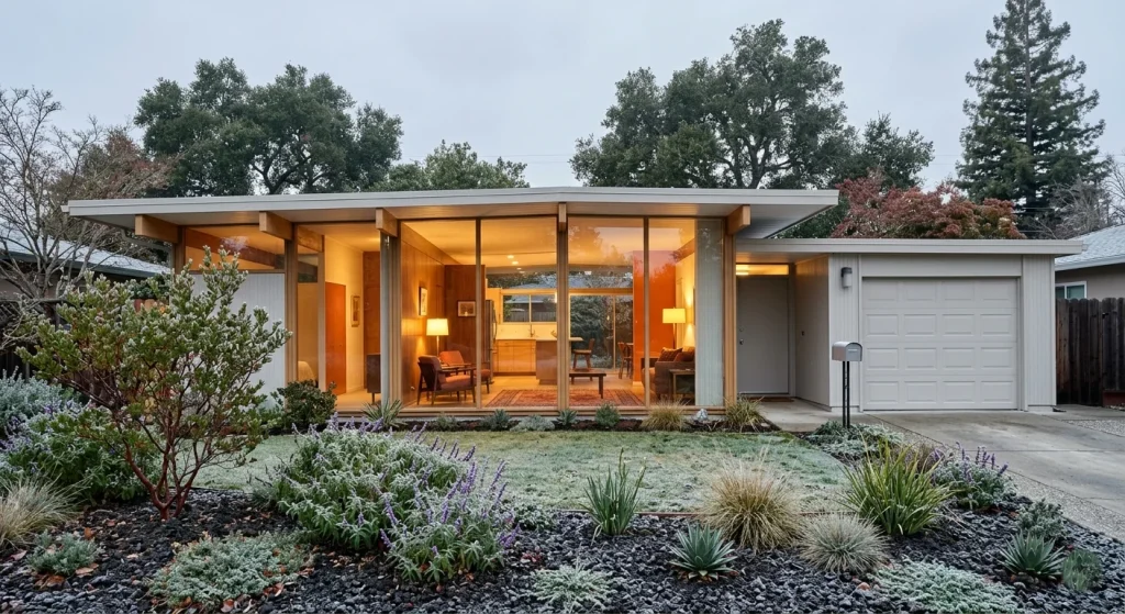 Mid-century Eichler home in Sunnyvale California on a cool winter morning