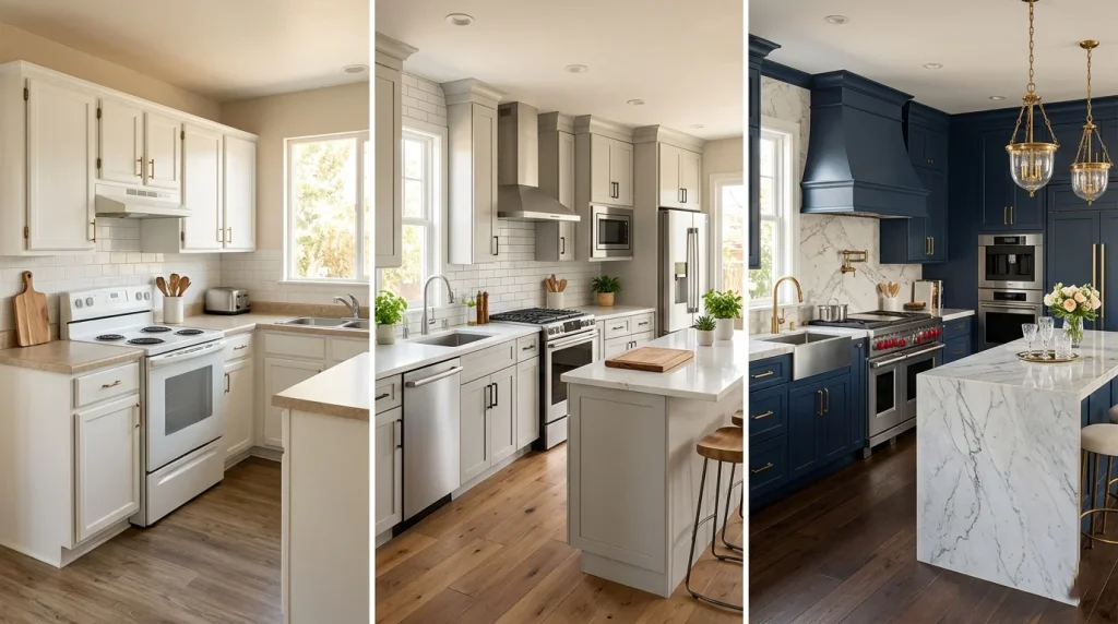 Three kitchen remodel tiers in Sunnyvale — budget, mid-range, and luxury
