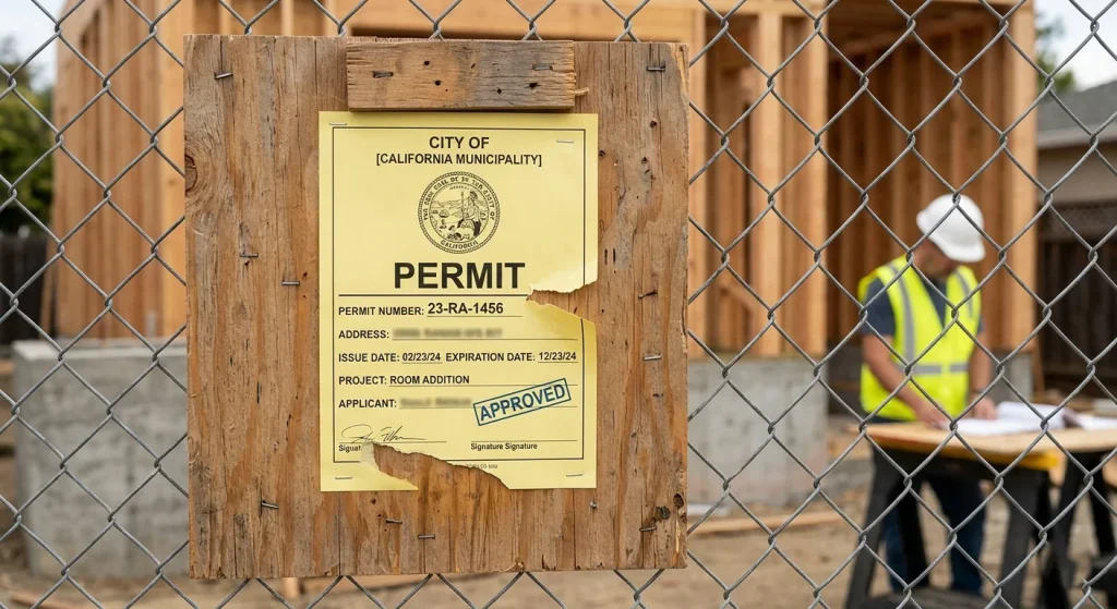 Sunnyvale building permit posted at a room addition construction site