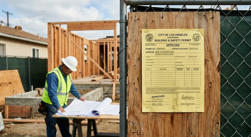 Sunnyvale building permit posted at a room addition construction site