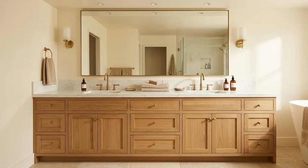 Double-sink transitional Shaker vanity in white oak with brushed brass hardware in a Walnut Creek master bathroom