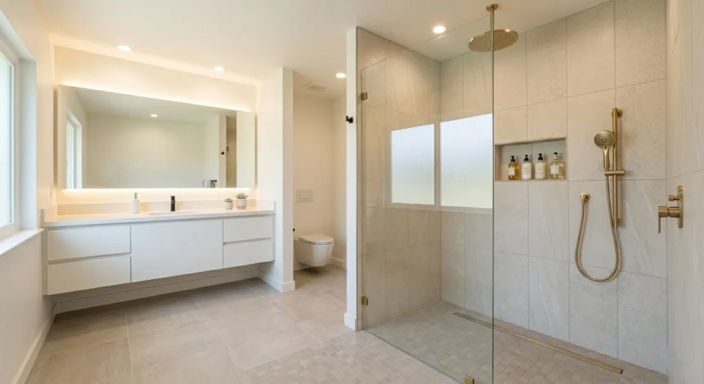 Curbless frameless shower conversion in a small Sunnyvale bathroom renovation