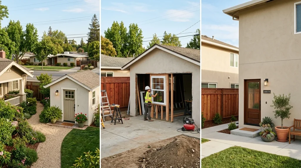 Three ADU types in Sunnyvale — detached unit, garage conversion, and junior ADU