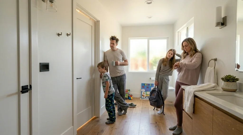 Family waiting outside single bathroom in Sunnyvale home showing need for second bathroom