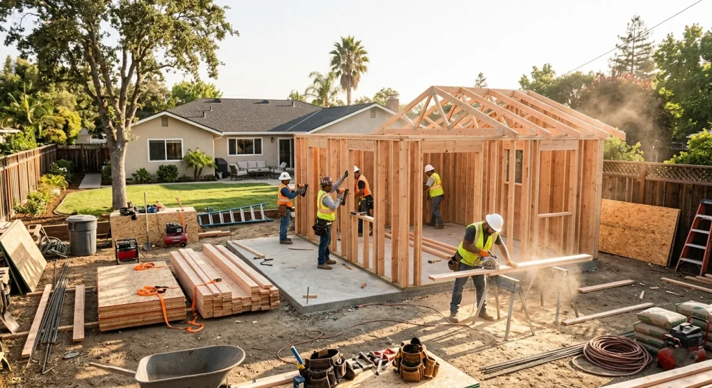 ADU construction site in Sunnyvale backyard with wood framing and foundation