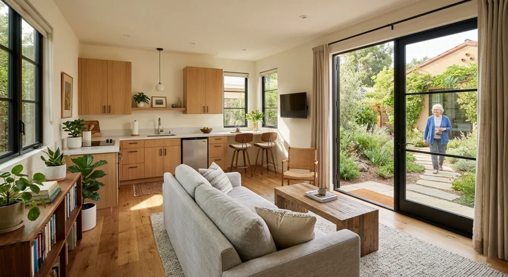 Modern ADU interior with open plan kitchen and living area in Sunnyvale California