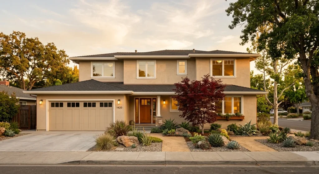 Beautifully designed two-story ranch home addition in Sunnyvale California at golden hour