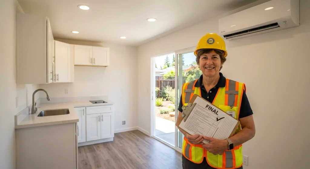 Sunnyvale building inspector at final ADU inspection in converted garage